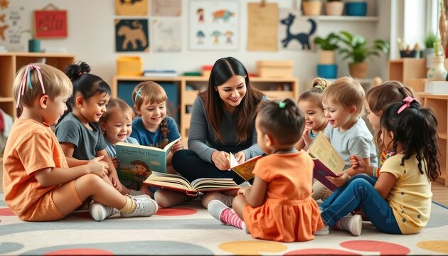 Diverse group of preschoolers sitting in a circle reading storybooks with a teacher, warm cozy classroom, joyful learning atmosphere 2