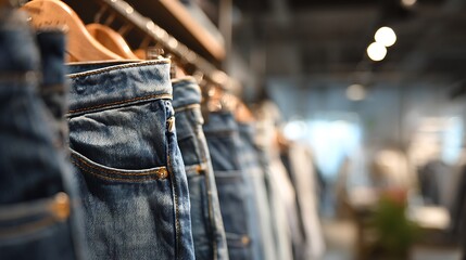 Casual jeans on a hanger placed on one side, clothing store background blurred, empty side for text 
