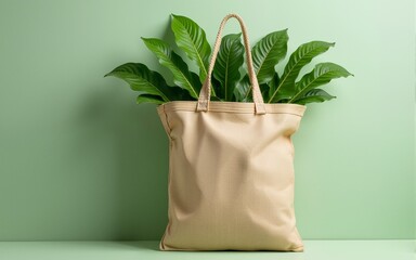 Eco-friendly jute shopping bag with lush green leaves promoting sustainable lifestyle choices and reusable shopping. High quality