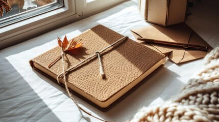 Autumnal Still Life: A Journal, Envelope, Pen, and Gift Box Bathed in Soft Window Light Creating Cozy Serenity