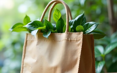 Eco-friendly jute shopping bag with lush green leaves promoting sustainable lifestyle choices and reusable shopping. High quality