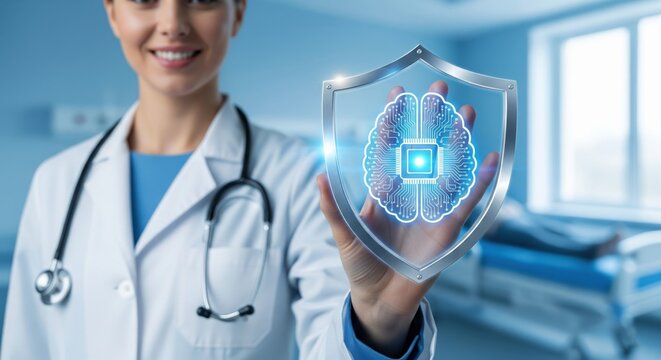 Medical Professional with a Brain Shield: A confident doctor in a bright clinic room safeguards a digital brain, representing a new paradigm in medical practice and technological innovation.