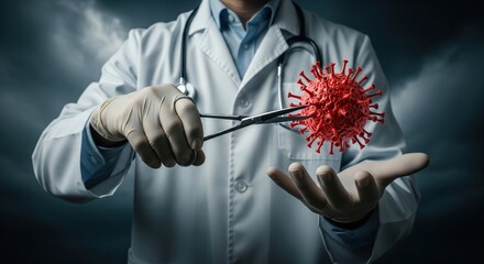 Combating the invisible enemy: A determined healthcare professional fearlessly confronts a menacing pathogen, employing precise surgical instruments in a symbolic act of protection and eradication.