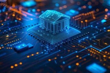 Digital Banking Security: A Futuristic Representation of Financial Technology with Glowing Blue Bank Building on a Circuit Board Background.