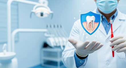 Dental Professional: A healthcare professional holding a toothbrush and showcasing a digital shield representing dental health and protection.