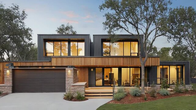 Modern sustainable house with garden and garage at dusk