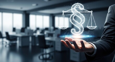 Law and Order in Modern Business: A professional's hand cradles a holographic symbol of justice, representing law, order, and ethical conduct in a modern office setting.