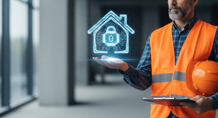 Home Security Vision: A construction supervisor in a safety vest holding a protective helmet, envisions a digital overlay of a secure house, symbolizing the future of smart home protection.