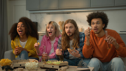 Multiracial friends multiethnic people happy excited scream shout yell rejoice celebrate at home...