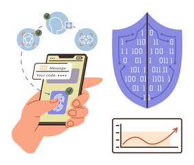 Hand holding smartphone with biometric scan and password input icons, shield with binary code, and chart signifying cyber security, online access, analytics, protection. Ideal for security