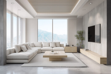 Fototapeta premium A coffee table is in front of the sofa and a potted plant is on the table