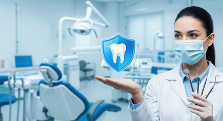 Protecting Smiles: A confident dentist, adorned in a mask, elegantly presents a symbolic shield with a tooth icon in a professional dental setting, conveying patient care and safety. 