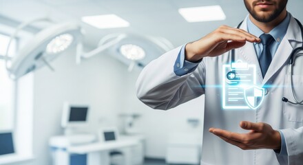 Healthcare coverage: A doctor in a pristine surgical room, wearing a pristine white coat, protect a symbol of medical insurance in a conceptual representation of health insurance, wellness.