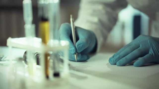 In a laboratory setting, a scientist wearing gloves writes notes meticulously while surrounded by glassware and instruments. The environment reflects a focus on experimentation and discovery