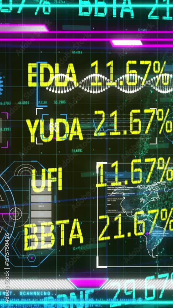 Poster animation of trading board over infographic interface against rotating globe