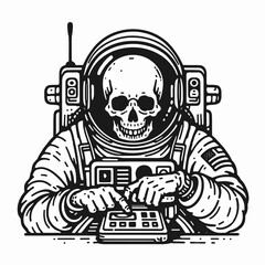 Naklejka premium A Skeleton as Astronaut checking instruments alert. Career Job Profession Occupation Employment Work Clipart Line Art Vector Illustration. Bony cosmonaut watching gear signal spaceman bones.
