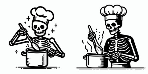 A Skeleton as Chef stirring pot with concentration. Career Job Profession Occupation Employment Work Clipart Line Art Vector Illustration. Bony cook preparing dish focus skull individual.