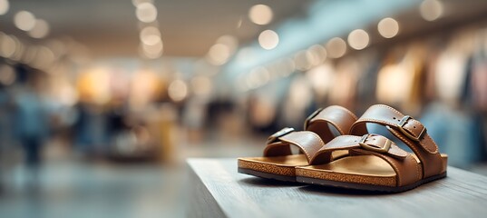 Casual sandals placed right, summer retail setting blurred, text space on left 