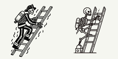 A Skeleton as Firefighter climbing ladder urgently. Career Job Profession Occupation Employment Work Clipart Line Art Vector Illustration. Bony figure rescue worker ascending tall stair.
