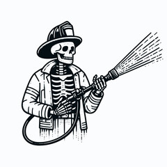 A Skeleton as Firefighter holding hose spraying water. Career Job Profession Occupation Employment Work Clipart Line Art Vector Illustration. Bony figure like rescuer gripping tube jetting.
