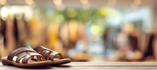 Casual sandals placed right, summer retail setting blurred, text space on left 