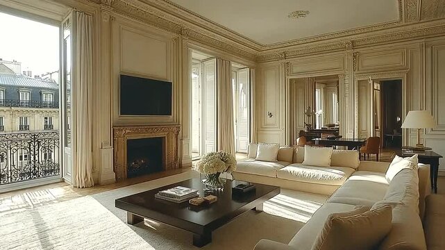Elegant Parisian Apartment Interior Design with Balcony View in Daytime