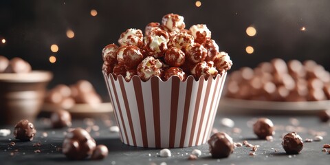 Delicious popcorn in striped bucket ready for movie night with caramel and chocolate flavor at home