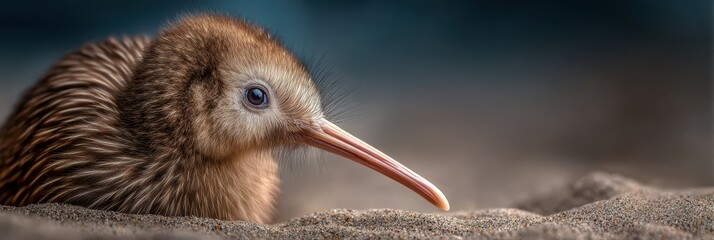Kiwi bird resting on sandy surface with soft lighting in natural habitat during early morning hours