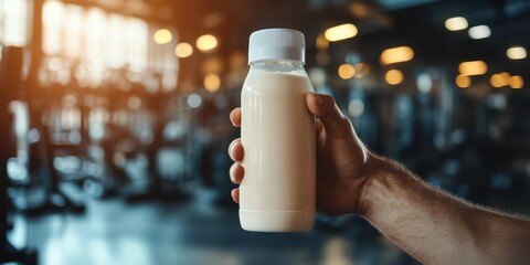 Protein shake held in hand at gym during workout session in morning light