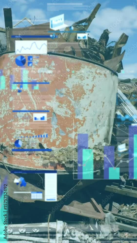 Poster animation of multicolored infographic interface over piled up metal scrap in scrapyard