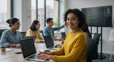 Diverse Team of Software Developers Collaborating on Project in Modern Office