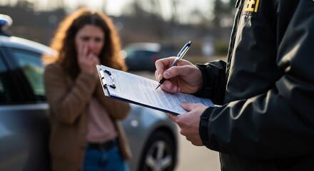 Police Officer Filling Out Accident Report After a Car Crash, Upset Woman in Background