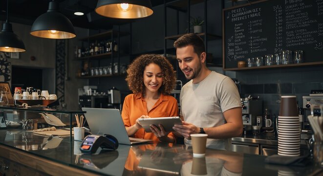 Young Couple Small Business Owners Using Tablet and Laptop in a Modern Coffee Shop - Powered by Adobe