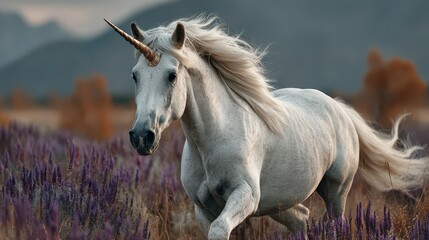 Majestic unicorn galloping through vibrant lavender fields at dusk under a glowing sky