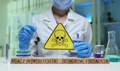 A lab scene with hazardous chemicals, a warning sign, and essential precautions displayed...