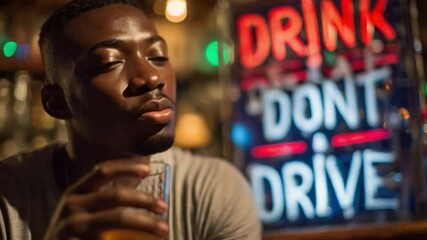Drink Responsibly: A thoughtful man sits at a bar, contemplating the "Drink, Don't Drive" message of a sign, holding a glass.
