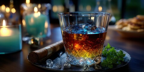 Relaxing evening with a glass of whiskey on the table beside lit candles and a cigar in a warm setting
