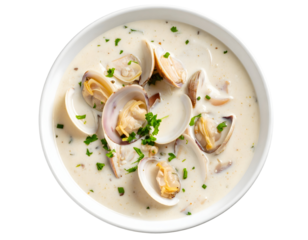 Delicious clam chowder in a white bowl