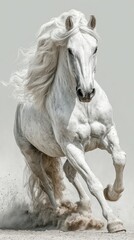 Majestic white horse galloping through sandy terrain under cloudy sky