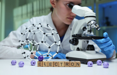 A dedicated scientist carefully examines a highpowered microscope displaying models of electrons...