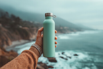 A person is holding a green water bottle on a beach