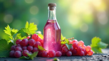 Fototapeta premium A Refreshing Glass Bottle of Pink Grape Juice with Ripe Red Grapes and Lush Green Leaves in a Vibrant Natural Setting