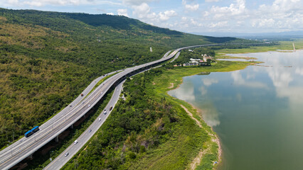 Drone shot The M6 motorway Nakhon Ratchasima Province - Bang Pa-in Lam Ta Khong River and Mountain....