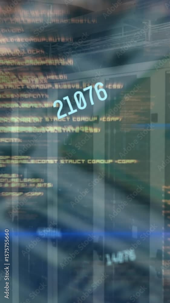 Poster Animation of light spot, changing numbers and data processing against computer server room