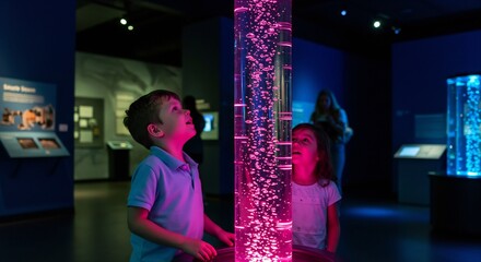Two Children Mesmerized by a Pink Illuminated Bubble Column in a Museum Exhibit