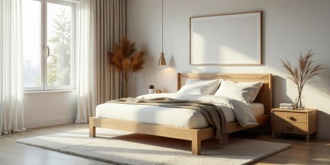 Serene Bedroom Sanctuary Minimalist Wooden Bed, Soft Linens, Natural Light, and Elegant Decor