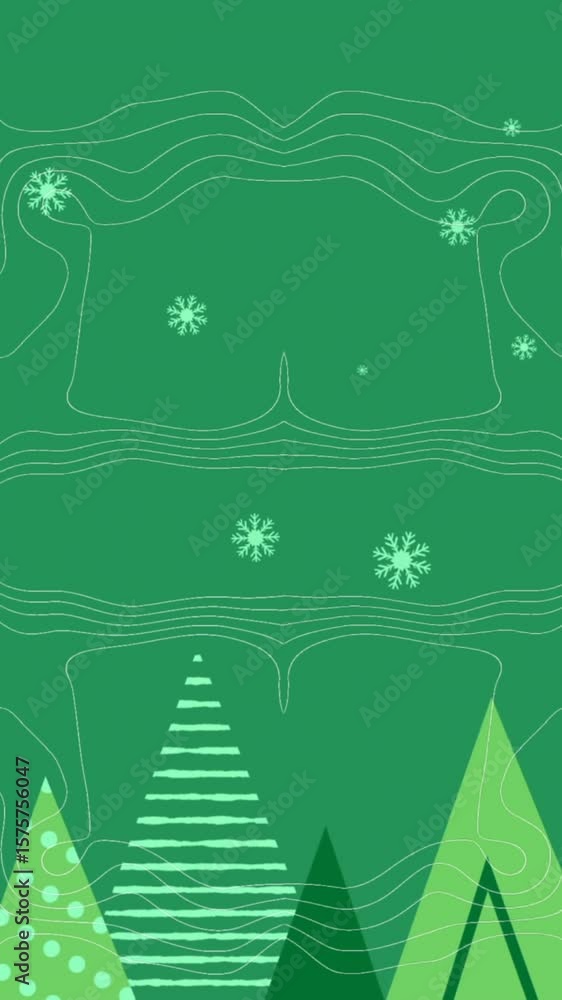 Aufkleber animation of snowflakes falling over christmas trees icons and topography patterns with copy space