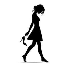 Woman walking barefoot icon, black silhouette, holding heels, downward gaze, minimal emotional clipart