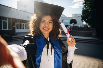 Making a selfie, holding diploma document. Cheerful graduate student in a gown is standing outdoors