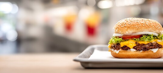 Cheeseburger on a tray placed right, blurred fast-food background, copy space on left 